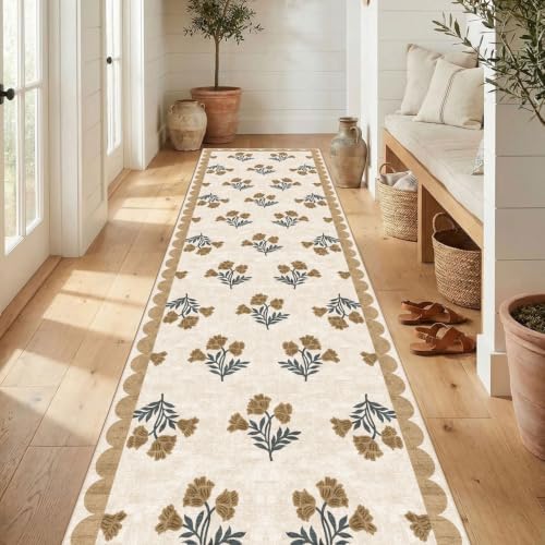 Non Slip Washable Hallway Runner Rug - 2.6x10 Long Beige Kitchen Runner Rug Soft Boho Runners for Hallways Cottage Floral Scalloped Area Rug for Bedroom Entryway Foyer Bathroom Double Vanity by Othilic
