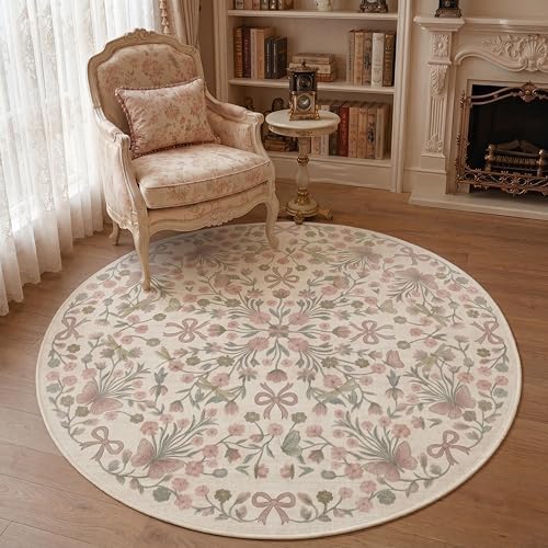 4ft Pink and Green Floral Butterfly Bow Round Nursery Rug by Unknown