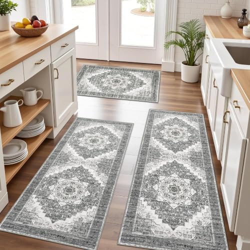 Kitchen Rugs Sets of 3 100% Non Slip Washable Kitchen Mats for Floor, Grey2 by Tritard