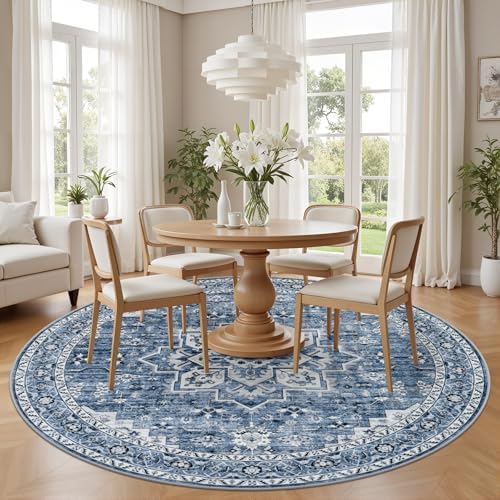 Round Area Rug for Living Room: 4ft Washable Rug for Bedroom Blue - Image 3