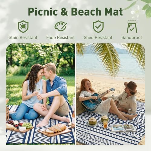 MontVoo Outdoor Rug 8x10 Waterproof Outdoor Patio Rug Mat Reverisble Plastic Straw Outdoor Rug for RV Camping Picnic Beach Balcony Boho Navy Blue - Image 5