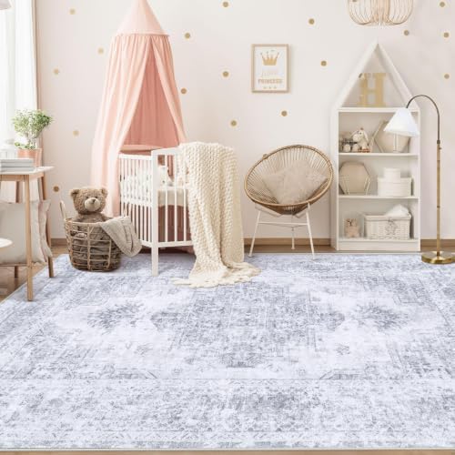 XLUEZ Area Rug 5x7 Living Room Rug, Machine Washable Vintage Distressed Medallion Rug Non-Slip Soft Low Pile Large Indoor Rugs for Bedroom Kitchen Dining Room Office(LightGrey,5'x7') - Image 3