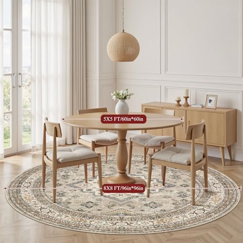 cotiled 8ft Round Living Room Area Rug, Washable, Traditional, Beige - Image 5