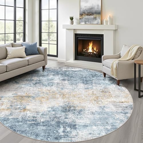 LOONGRUG Round Rug 6x6 Washable Neutral Modern Living Room Rug Blue Gold by LOONGRUG