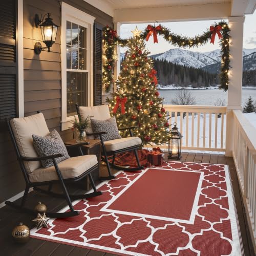 GENIMO Outdoor Rug, Waterproof Plastic Rugs for Patio, 6'x9' Red White - Image 4