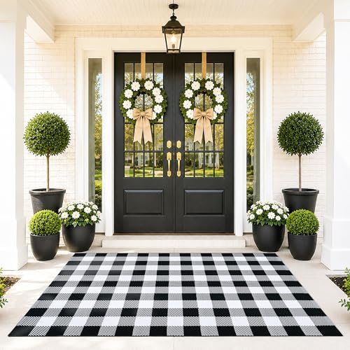 Black and White Buffalo Plaid Rug 4’x 6’, Halloween Door Mat, Washable Layering Rug for Front Door Entryway Porch Indoor Outdoor by Unknown