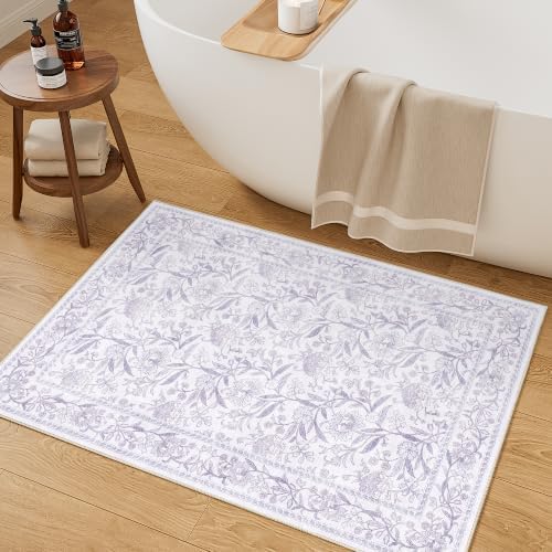 DUKINO 2x3 Rug, Washable Vintage Floral Bathroom Rugs Non Slip, Purple - Image 5