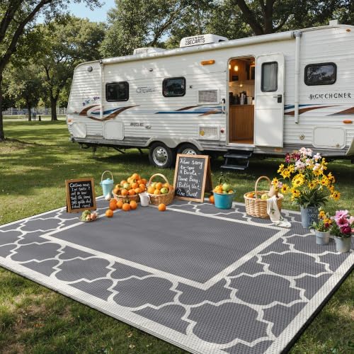 GENIMO Outdoor Rug, Waterproof Plastic Rugs for Patio, 9'x12' Grey White - Image 3