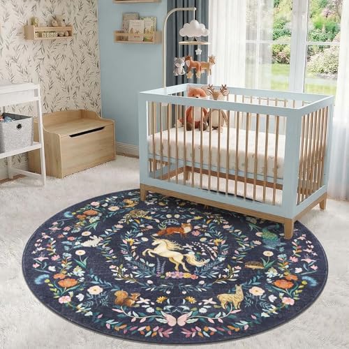 jinchan 6ft Round Rug Washable Kids Rug Whimsical Playroom, Navy Blue - Image 5