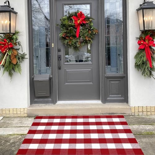 Christmas Door Mat Outdoor 35.4''x59'' Buffalo Plaid Christmas Decor Rug Cotton Hand-Woven Layered Door Mats Washable Carpet for Front Porch, Kitchen, Farmhouse, Entryway - Image 5