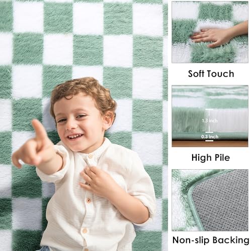 KICMOR Living Room Rugs 5x8 Fluffy Soft Sage Green and White Checkered - Image 2