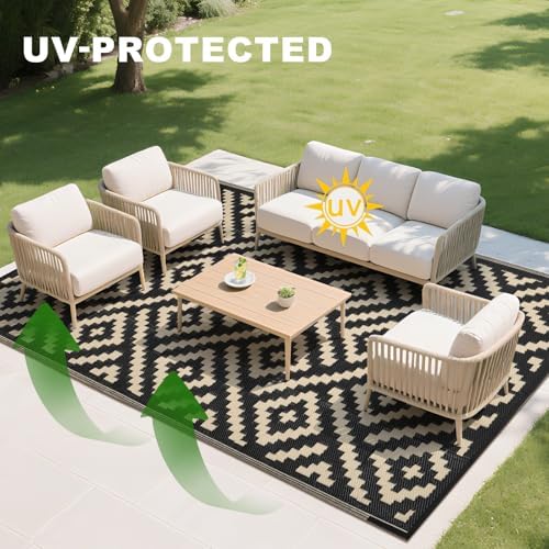 RURALITY Outdoor Rugs 9x12 Feet for Patios Clearance,Plastic Straw Waterproof Mats for Backyard,Porch,Deck,Balcony,Black&Beige - Image 6