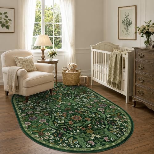 4x6 Oval Washable Rug Green Floral Rug Non-Slip Indoor Carpet - Image 3