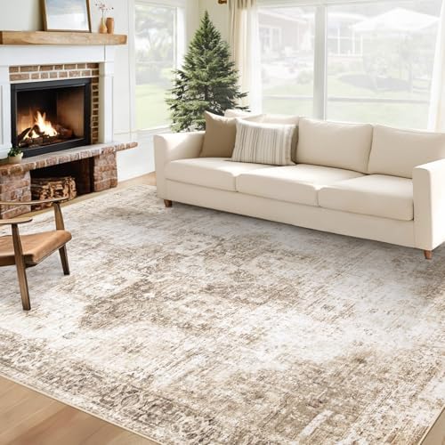 Area Rug 6x9 Washable Rug, Vintage Boho Medallion Rugs Non-Slip Soft Low Pile Large Distressed Rug Indoor Retro Carpet for Living Room Bedroom Dining Room Home Office (Brown, 6'x9') by VECARF