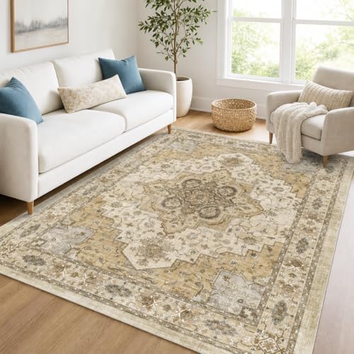 Amada Vintage Washable Area Rug,8'x10',Beige/Cream - Image 3