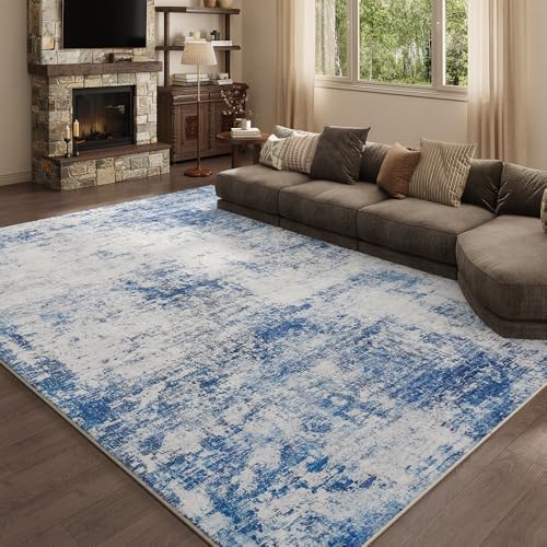 9x12 Blue Gray Washable Area Rug for Living Room, Vintage Print by Unknown