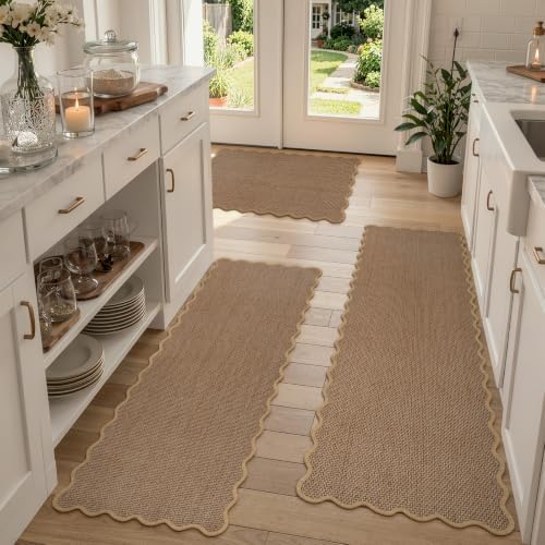 KIMODE Kitchen Rugs and Mats Set of 3 Scalloped Kitchen Runner for Floor by StayinComfortCookwithJoy