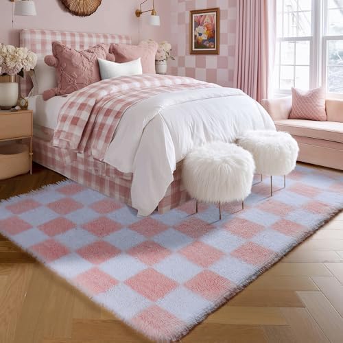 KICMOR Light Pink and White Rugs for Bedroom Girls, 4x6 Fluffy Fuzzy Checkered Shag Area Rug Shaggy Bedside Carpet, Soft Plush Cute Rug for Toddler Kids Baby Nursery Teen Dorm Living Room Home Decor - Image 3