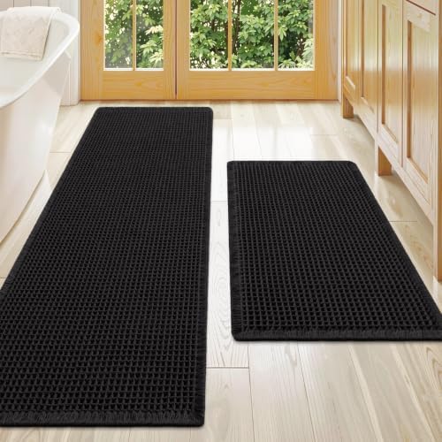 Smiry Waffle Bathroom Rugs Sets 2 Piece (72x24+30x20, Black) by Smiry