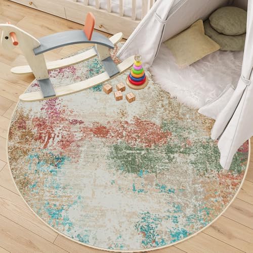 Lahome Abstract Round Rugs 6ft for Living Room, Washable Low-Pile Soft Round Bedroom Area Rug Non Slip, Modern Colorful Indoor Large 6'x6' Circle Throw Carpet for Office Dining Room by Lahome