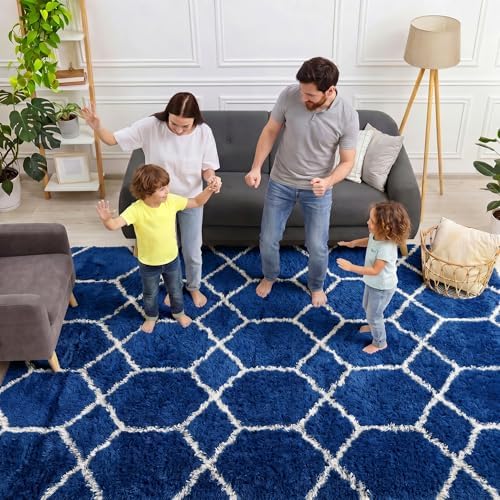 7x9 Area Rugs for Living Room Bedroom, Fluffy Navy Blue and White Boys Rug - Image 3