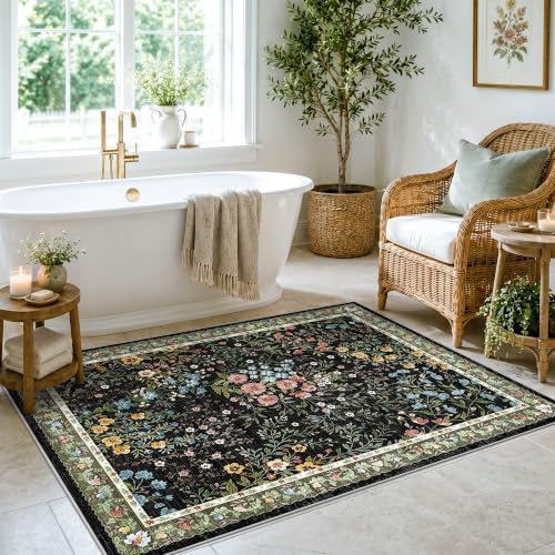 4x5 Washable Entryway Area Rug: Non Slip Floral Washable Entry Rug Living Room Area Rug for Indoor Floor Kitchen Bedroom - Soft Thin Door Mat Carpet Boho Vintage Home Decor (4'x5', Black) - Image 4