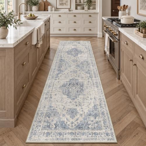 Washable 2.6x8 Kitchen Runner Rug Non-Slip Medallion Blue Long Carpet - Image 2