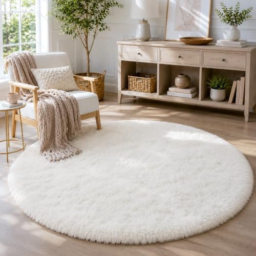 Cream White Fluffy Round Rug 4ft, Soft Washable for Nursery - Image 6