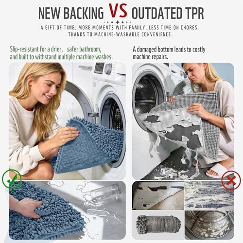 Yimobra Bathroom Runner Rug 55x24 Inch - Extra Long Non Slip Chenille Bath Mat, Soft & Absorbent, Machine Washable Shaggy Hallway Carpet for Vanity Tub Shower, Denim Blue Home Decor Accessories - Image 3