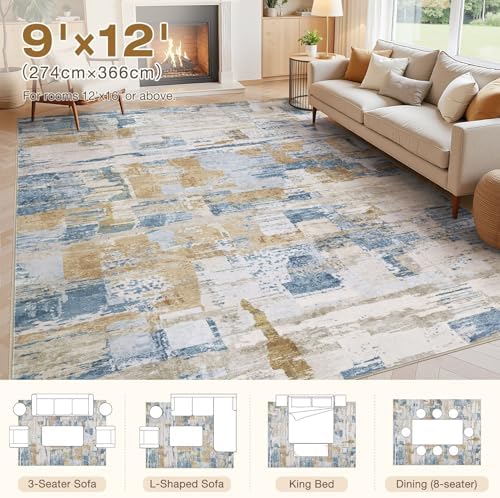 kakania Abstract 9x12 Area Rugs for Living Room: Washable Rugs Blue Gold - Image 2