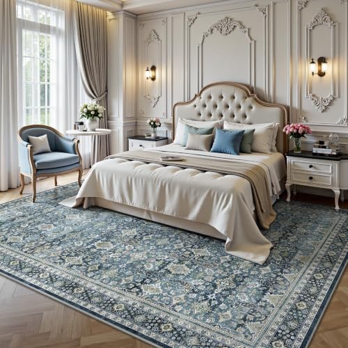 6x9 Area Rugs - Washable Vintage Retro Living Room Rug, Soft Ultra Thin Non Slip Low Pile Traditional Distressed Boho Carpet for Bedroom Dining Room Nursery Home Office, Blue - Image 3