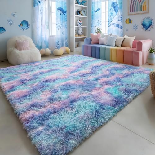 Amdrebio Purple Rainbow Mermaid Plush Area Rug 5x7 for Girls Kids Bedroom - Image 3
