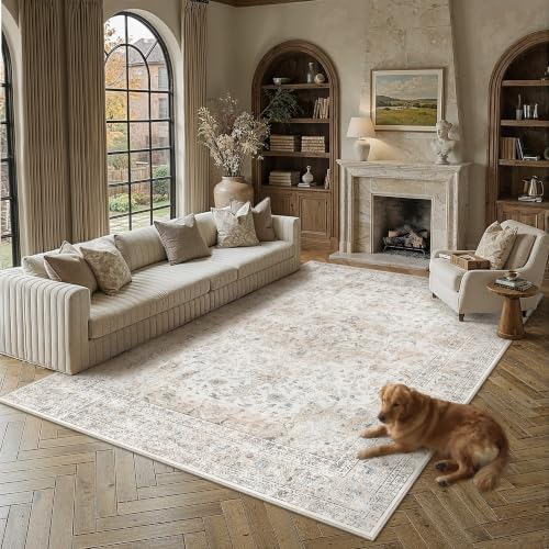 9x12 Washable Area Rug Beige Grey Softer Vintage Carpet - Image 3
