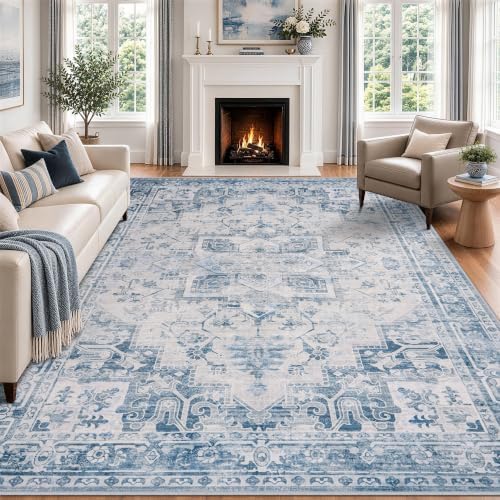9x12 Washable Area Rugs for Living Room Blue Grey Non-Slip Rug - Image 5