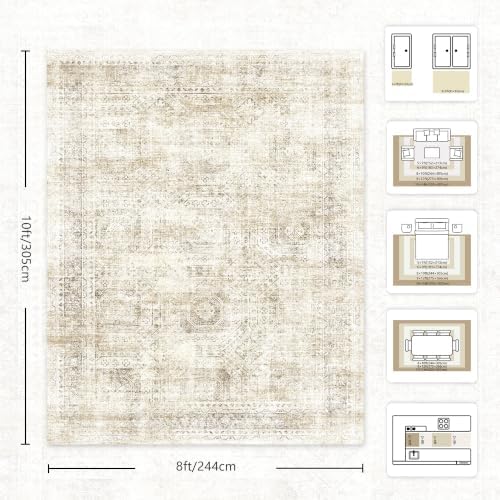 8x10 Area Rugs for Living Room, Washable Vintage Retro Floral Rug, Low Pile Non Slip Distressed Large Carpet for Bedroom, Dining Room, Office, Home (Beige) - Image 2