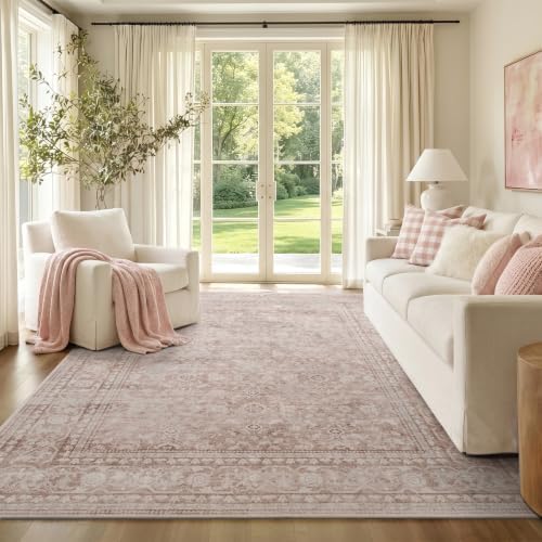 5x7 Ft Area Rugs for Living Room, Soft Non-Slip Machine Washable Rug, Vintage Stain Resistant Carpets for Bedroom Nursery Dining Room Home Decor (Grey Pink) - Image 2