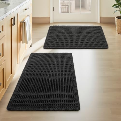 Upgraded Waffle Bath Mat Set of 2 Absorbent Non Slip Bathroom Mat 17" x 24" by AMOAMI