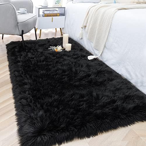 3x5 Black Faux Fur Area Rug Fluffy Soft Washable for Bedroom Entryway - Image 3