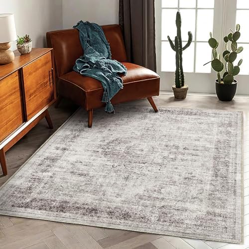 CHAMPLANT Area Rug 5'x7' Washable Rug Floral red Vintage Traditional Floor Cover Thin Retro Kitchen Indoor Distressed Non Slip Carpet for Living Room Bedroom Dining Room - Image 2