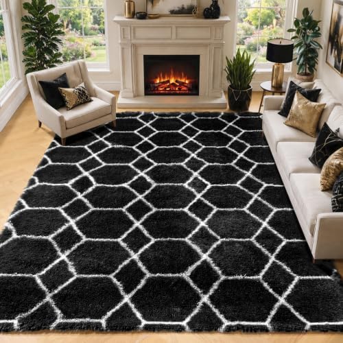 8x10 Area Rugs for Living Room, Fluffy Black and White Bedroom Modern Rug by ONASAR