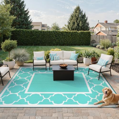 GENIMO Outdoor Rug, Waterproof Plastic Rugs for Patio, 9'x12' Aqua Blue - Image 2