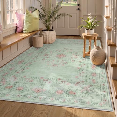 Wonnitar Floral Bow Print Washable Rugs 5x7, Sage Green Rug for Living Room, Ultra-Thin Non Slip Soft Boho Carpet for Dining Room Bedroom Kid Room Playroom, Light Green - Image 3