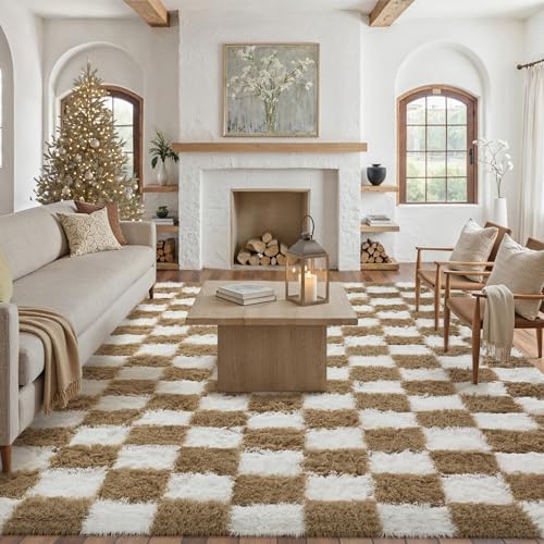 PureCozy Brown Area Rug 9x12 for Living Room Soft Checkered Shag Carpet by PureCozy