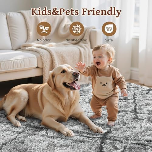 5x7 Area Rugs for Living Room, Grey Plush Fluffy Shaggy Bedroom Rugs Non-Slip, Ultra Soft Carpet for Nursery Kids PlayRoom Dorm Office Indoor - Image 6