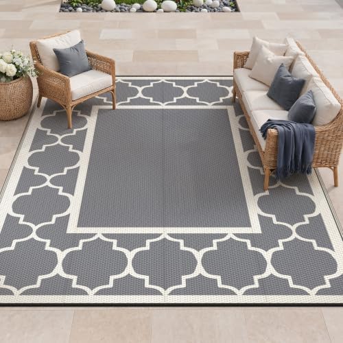 GENIMO Outdoor Rug, Waterproof Plastic Rugs for Patio, 9'x12' Grey White by GENIMO