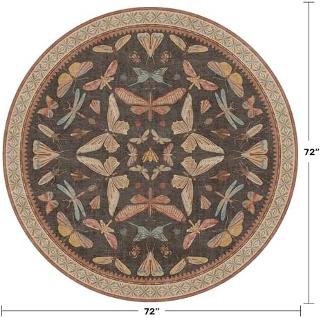 Vintage 6ft Round Living Room Rug, Brown Washable Circle Carpet for Entryway, Home Office & Reading Corner, Soft Stain Resistant Boho Insect Rug - Image 2