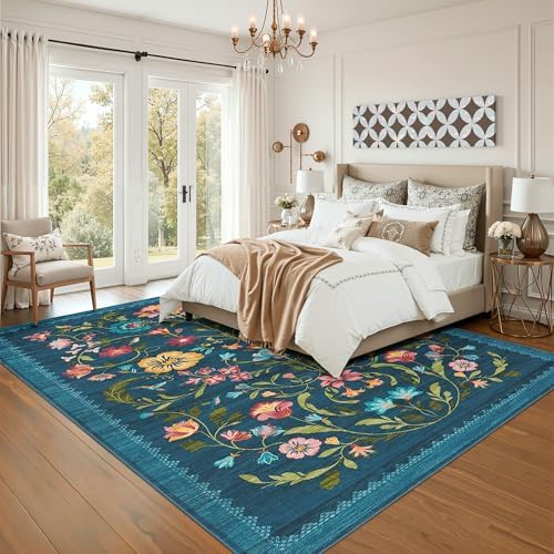 GarveeHome Washable Rug 8x10 Area Rugs for Living Room, Floral Rug for Bedroom, Soft Vintage Non Slip Throw Rugs with Rubber Back, Low Pile Stain Resistant Boho Floral Carpet for Dining Room, Blue - Image 3