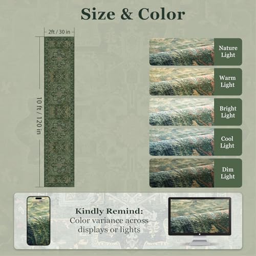 Dark Green Runner Rug 2x10 for Hallways, Retro Distressed Moody Medallion Long Carpet Runner for Entryway Mudroom, Low Pile Thin Soft Kitchen Bathroom Runner Rug Non Slip Washable - Image 2