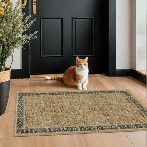 Vintage Boho 2x4 Area Rug for Entryway - Washable Rustic Brown and Charcoal Olive Kitchen Rug for the Floor, Low Pile Non-Slip Rugs for Bathroom, Earthy Geometric Decor & Stain Resistant - Image 3