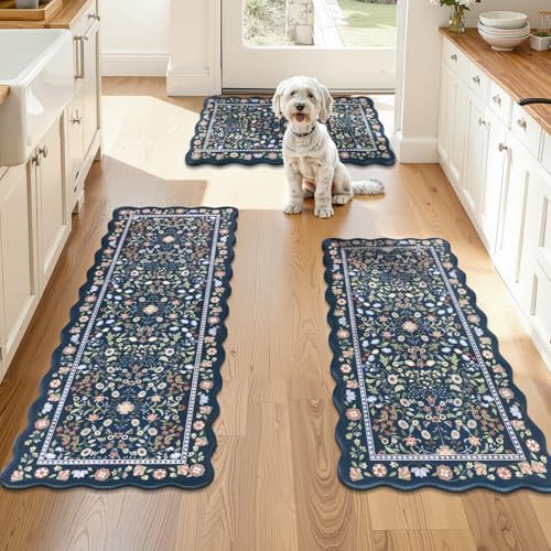 Yamaziot Boho Anti Fatigue Kitchen Rug Set of 3 Scalloped Non-Slip, Blue by Yamaziot